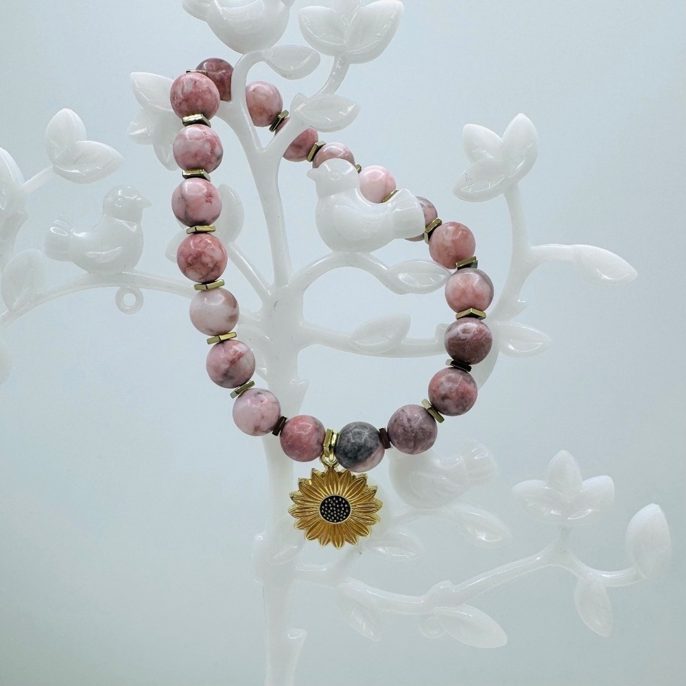 Pink Beaded Bracelet w/ Sunflower Charm